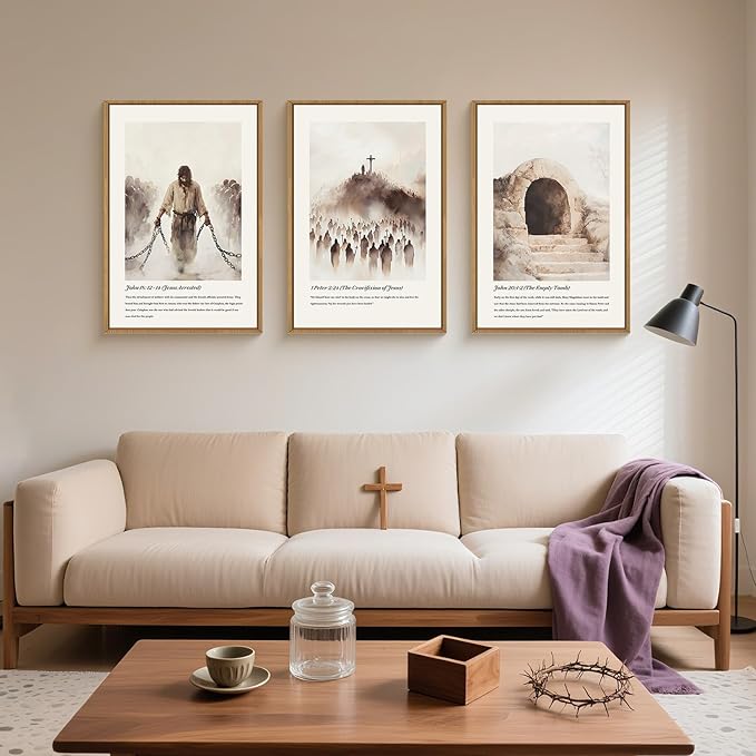 KAIRNE Christian Wall Art Set of 3, Jesus Bible Verses Framed Canvas Prints, Religious Jesus Liberation, Crucifixion, Empty Tomb Home Decor for Living Room, Bedroom, Church - 16x24 Inch