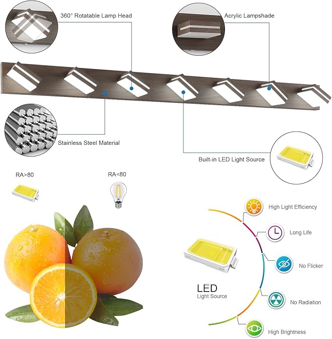 SineRise LED Modern Bathroom Vanity Light Fixtures (7-Light, 55-Inch, Dimmable), Brown Wood Painted Modern Acrylic Bathroom Wall Lighting Fixtures Over Mirror (Cool White 6000K)