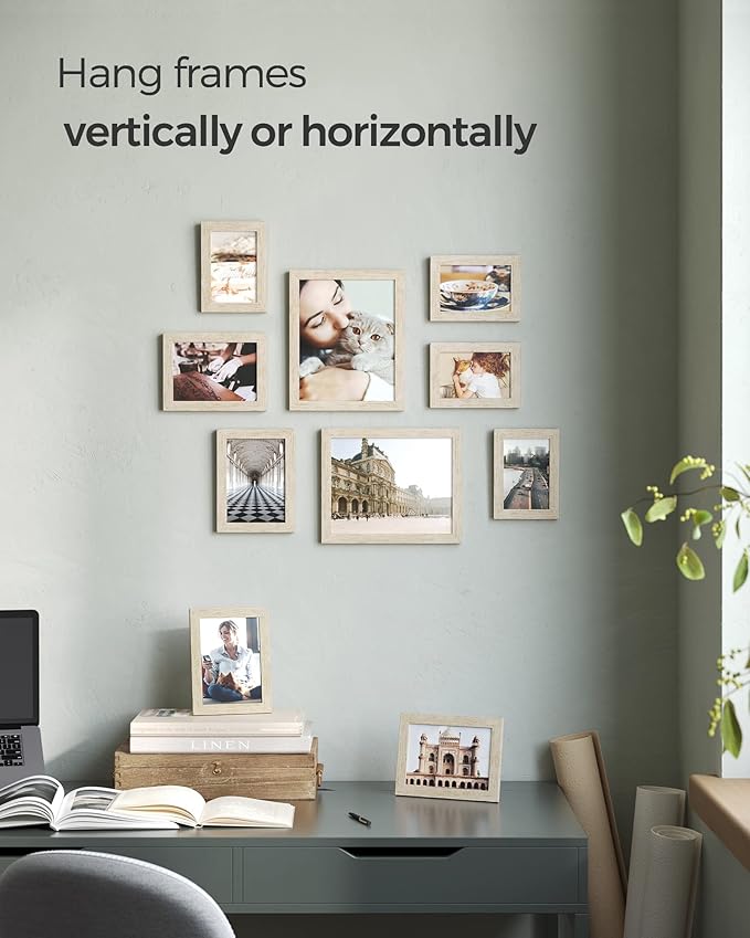 SONGMICS Picture Frames, Collage Picture Frames Set of 10, Two 8x10, Four 5x7, Four 4x6, Photo Frame for Wall Gallery Decor, Table Display, Glass, Natural Beige URPF010N01