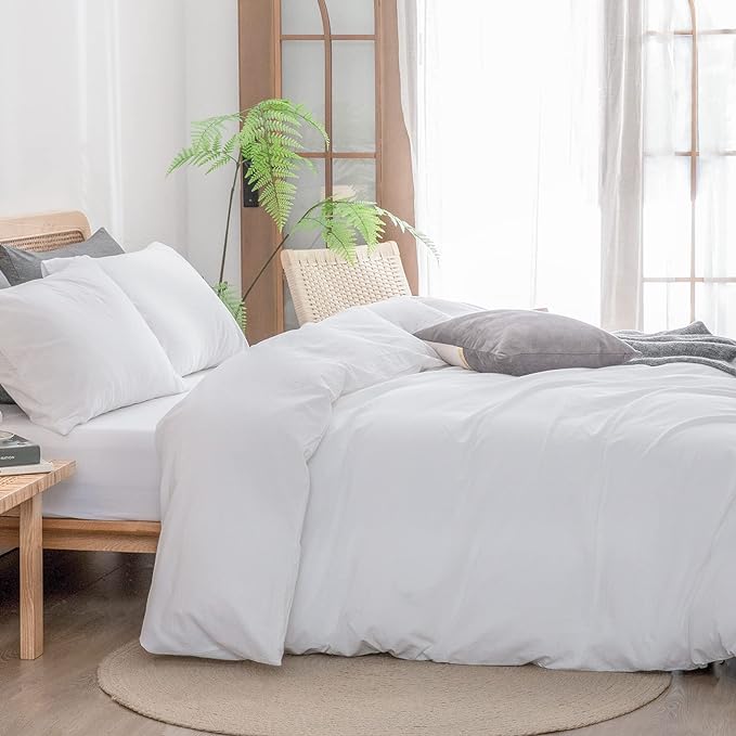 BESTOUCH Duvet Cover Set 100% Washed Cotton Linen Feel Super Soft Comfortable Chic Lightweight 3 PCs Home Bedding Set Solid Bright White Super King