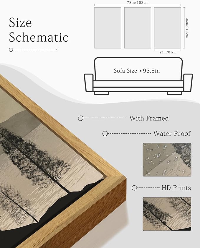 KUVIOKE Vintage Landscape Framed Wall Art Mountain Range Wall Decor Ink Wash Watercolor Nature Laker Sun Rises Prints Bedroom Living Dining Room Ready to Hang 24x36in (Natural Framed)