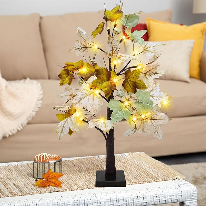 Uieke 2 Packs 24inch Artificial Lighted Fall Maple Tree 48 LED Fall Decor Table Lights with 6 White Pumpkins Battery Operated Timer, Fall Decorations or Home Thanksgiving Autumn Harvest (Green White)