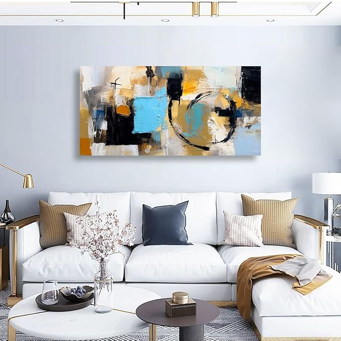 Blue Abstract Wall Art Bedroom Wall Decor Living Room,Black Canvas Wall Art Office Farmhouse Paintings Artwork Modern Black Yellow Brown Boho Wall Art Prints Pictures 20 * 40inch