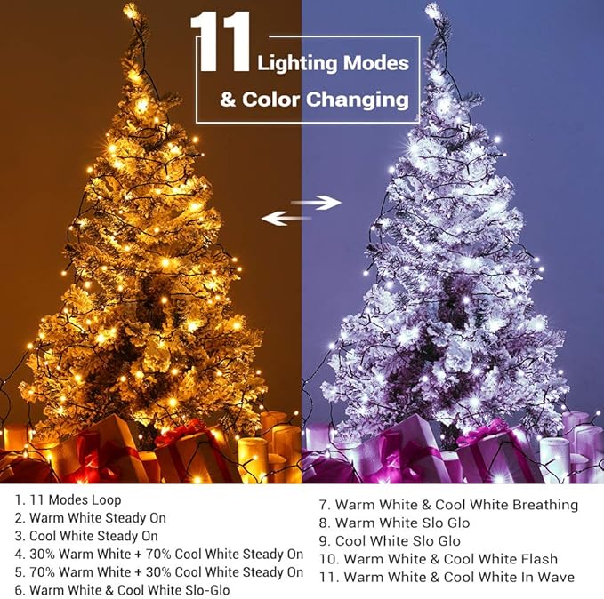 Brizled Color Changing Christmas Lights, 65.67ft 200 LED 11-Function Warm White & Cool White LED Lights String, Dimmable 29V Safe Adapter Christmas Tree Lights with Remote for Xmas Tree Party Decor