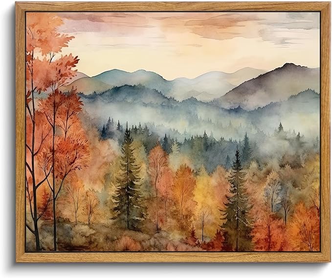 KBKBART Framed Vintage Wall Art for Living Room Bedroom Decor, Retro Autumn Watercolor Country Landscape Canvas Painting Farmhouse Wall Art, Rustic Fall Bathroom Wall Decor Vintage Room Decor(12"x16")