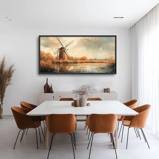 Landscape Framed Wall Art for Living Room, Large Holland Windmill Canvas Wall Decor, Country Farmhouse Pictures Painting, Modern Artwork for Bathroom Bedroom 60L'' × 30W''