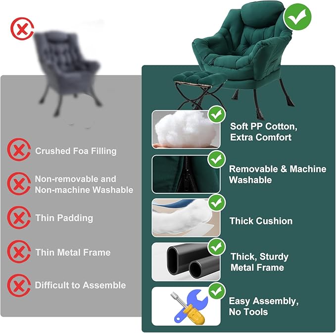 Modern Lazy Chair with Folding Footrest, Lounge Accent Reading Chair (Dark Green)