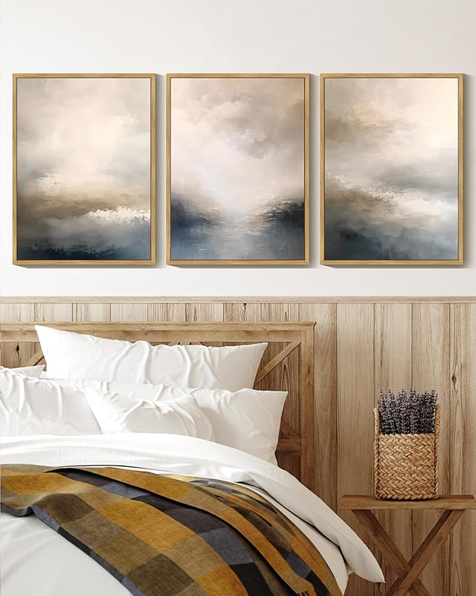 KUVIOKE Boho Abstract Wall Art Framed Minimalist Beige Gray Prints Watercolor Neutral Rustic Artwork Hallway Bedroom Living Room Decor 11x14in (Natural Framed)