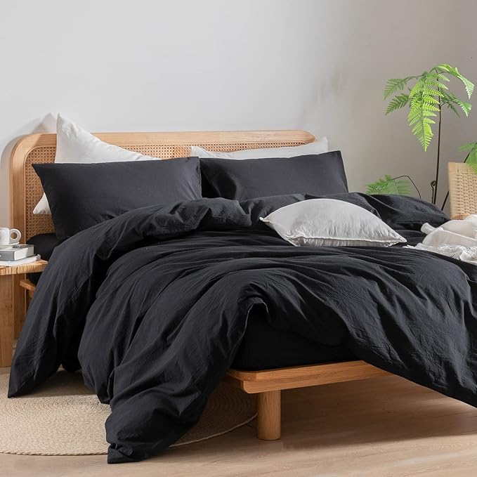 BESTOUCH Duvet Cover Set 100% Washed Cotton Linen Feel Super Soft Comfortable Chic Lightweight 2 PCs Home Bedding Set Solid Deep Black Twin/Twin XL