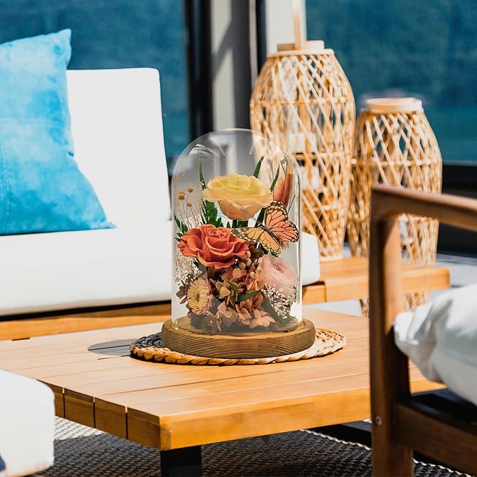 Eternal Flowers with Butterfly: Forever Flower Arrangement-Elegant Preserved Flowers in Glass Dome-Romantic Valentines, Anniversary, Mom Gifts for Her-Flowers for Delivery Prime (Orange)