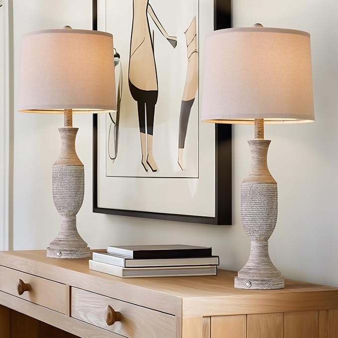 OYEARS 27.75”Touch Table Lamp 3 Way Dimmable Free Control,Beside Lamps with USB Ports Outlets,Lamp Bedroom Set 2,Farmhouse Lamp for Bedroom,Living Room,Vintage Office Linen Fabric Shade Resin Base