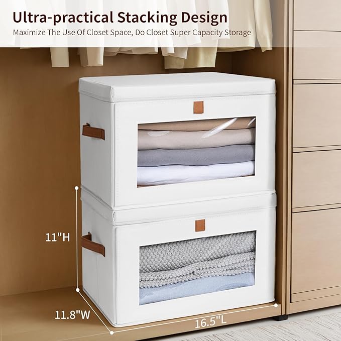 Large Clothing Storage Bins - Collapsible Boxes with Handles & Window, Decorative Organizer Bins with Lids, Fabric Containers for Living Room, Dorm, 2 Pack, White