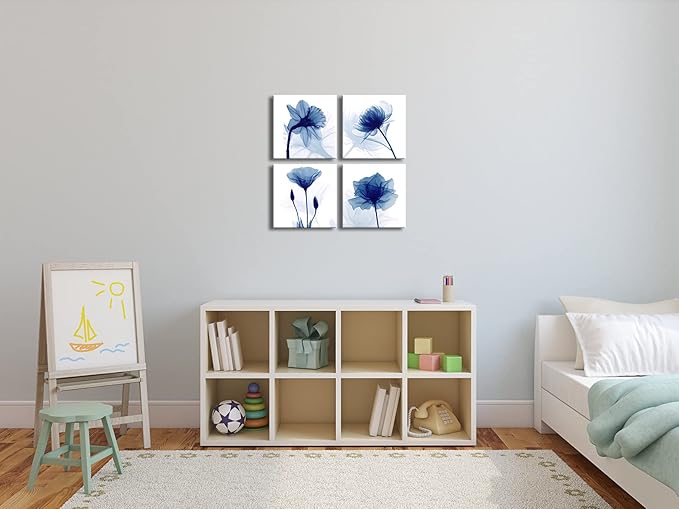 Pyradecor Blue Flickering Flower Modern Abstract Paintings Canvas Wall Art Gallery Wrapped Grace Floral Pictures on Canvas Prints 4 Panels Artwork for Living Room Bedroom Office Home Decorations