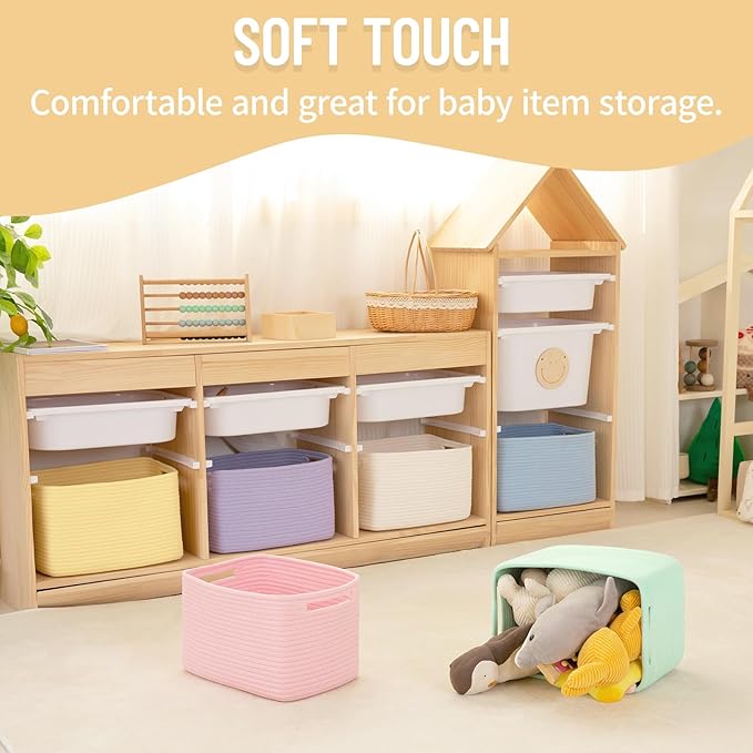 4 Pack Storage Baskets for Organizing Toys, Towels, and Clothes, Woven Basket for Shelves, Sturdy Nursery Cube Bins for Storage, 13''L x9''W x7.8''H, Blue