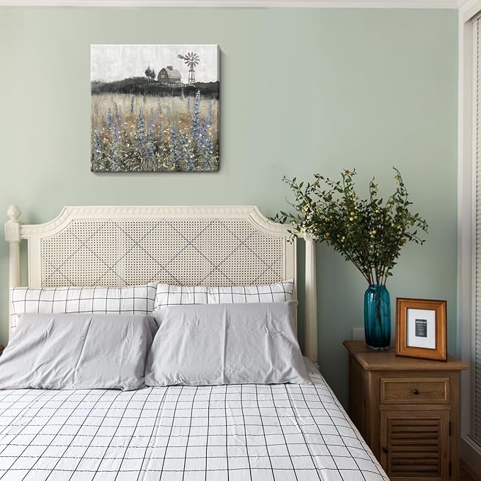 Farmhouse Wall Art for Living Room Classical Scenery Canvas Print Rustic Countryside Wildflower Field Landscape Nature Wilderness Meadow Picture Vintage Windmill Barn Painting Framed Artwork 24x24inch