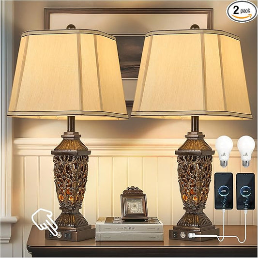 AIDENOEY 27.5“ Farmhouses Table Lamp with USB & USB-C Charging Ports, 3-Color Dimmable & Stepless Bottom Dimming, Touch Control & Switch, Vintage Bedside Lamp for Bedroom Living Room Office,(Brown)