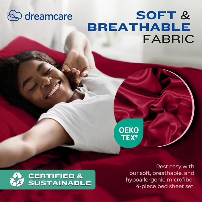 DREAMCARE Twin XL Sheet Set - Cooling Bed Sheets - 4pc Set - up to 15" Deep Pocket Twin XL Sheets - Soft & Long Lasting 100% Fine Brushed Polyester with Side Pocket - Burgundy