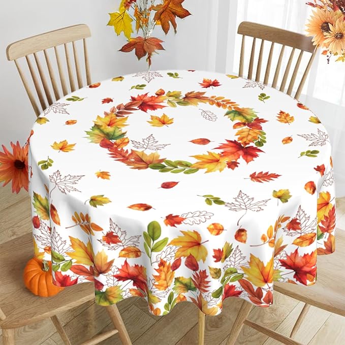 Fall Round Tablecloth 60x60 Inch Autumn Maple Leaf Table Cover Holiday Decorations Seasonal Decor for Home Kitchen Dining Room Picnic Party Thanksgiving