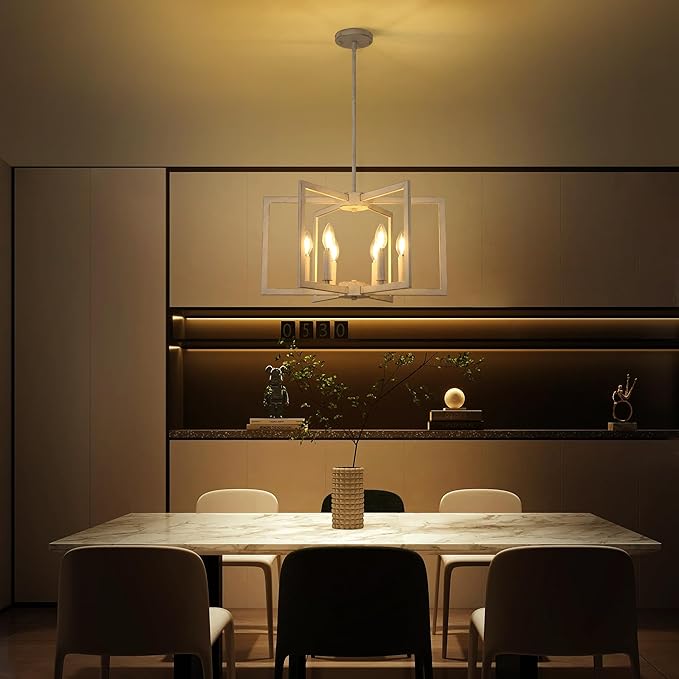 6-Light Modern Farmhouse Antique White Chandelier Light Fixture, French Country Chandeliers for Dining Room, Vintage Metal Geometric Pendant Lighting for Kitchen Island Living Room Entryway