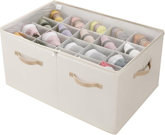 Shoe Organizer for Closet, Foldable Shoe Box with Adjustable Dividers and Clear Cover, Space Saving Shoe Storage Organizer Cabinet with Reinforced Handles, Fits 20 Pairs, Beige TP10Y