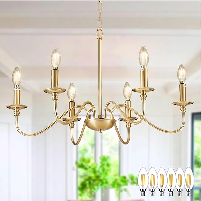 Depuley Gold Chandelier Light Fixture: 6-Light Modern Farmhouse Chandelier for Dining Room Lighting - Industrial Hanging Pendant Lights Kitchen Island - Vintage Iron Candle Chandeliers for Foyer