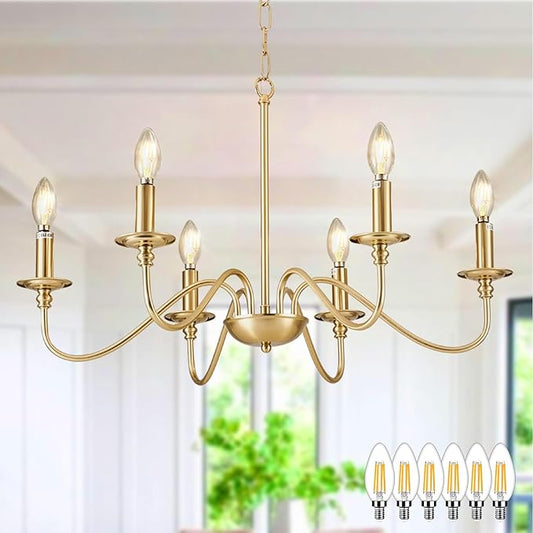 Depuley Gold Chandelier Light Fixture: 6-Light Modern Farmhouse Chandelier for Dining Room Lighting - Industrial Hanging Pendant Lights Kitchen Island - Vintage Iron Candle Chandeliers for Foyer