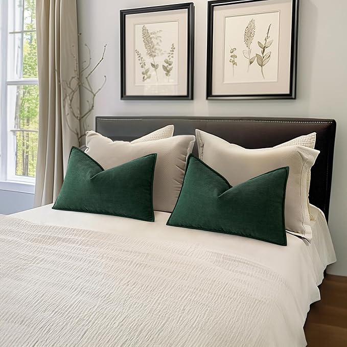 MIULEE Pack of 2 Green Decorative Lumbar Pillow Covers 12x20 Inch Soft Chenille Luxurious Couch Throw Pillows Farmhouse Cushion Covers with Elegant Design for Sofa Bedroom Living Room Home Decor