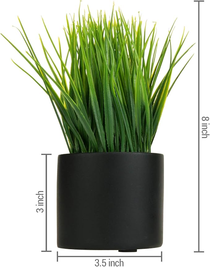 MyGift Tabletop Artificial Grass Plants Decorative Faux Greenery Plant Potted in Modern Cylindrical Black Cement Pots, Set of 2