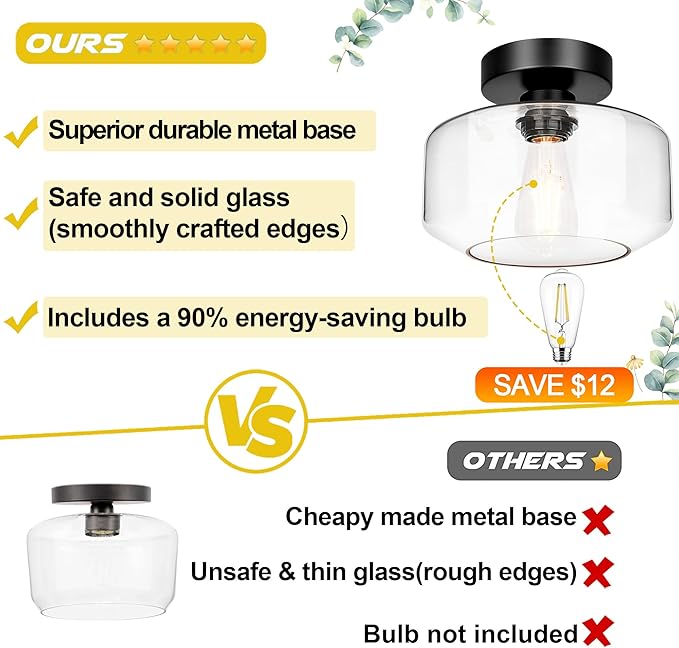 Industrial Semi Flush Mount Ceiling Light, 800 Lumen LED Bulb Included, Clear Glass Shade Ceiling Light Fixture, Farmhouse Light Fixture for Hallway Corridor Kitchen Bathroom Bedroom Passway