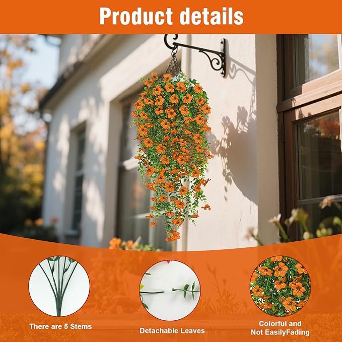 4 Pcs Fall Artificial Hanging Flowers for Outdoors,Fake Hanging Plants,Artificial Mums for Outdoors,Fall Decorations for Home,Outdoor Fall Decor(Orange)