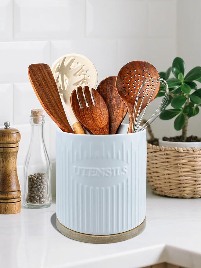 360° Rotating Utensil Holder, 7.6" Large Ceramic Kitchen Utensil Holder for Countertop with Bamboo Base, Stable Utensil Organizer, Farmhouse kitchen Decor, White