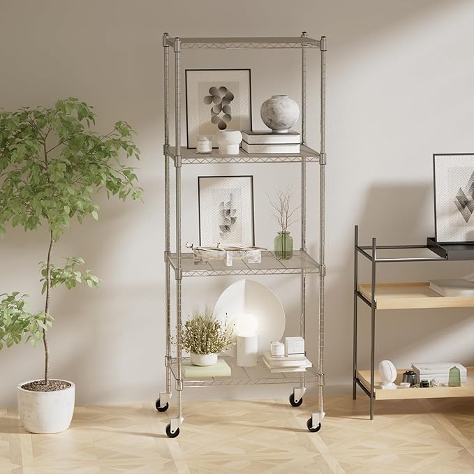 Garage Shelving with Wheels, 4 Tier Shelving Unit and Adjustable Feet, 865 lb High Capacity Rolling Storage Shelf for Kitchen, Office, Dining Room, Garage, Chrome