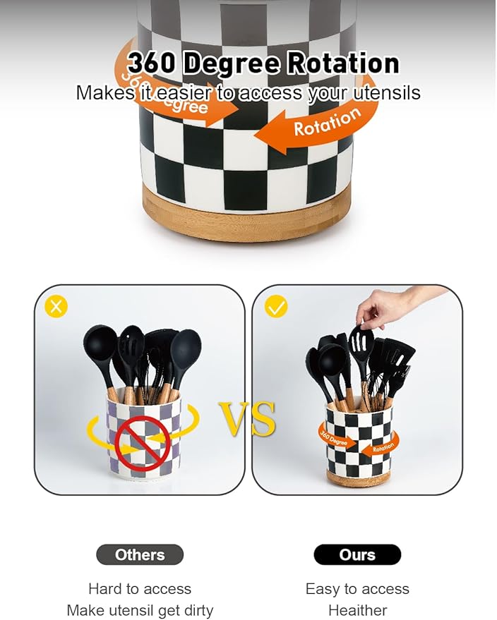 LoeJan 3 Compartment Utensil Holder, Extra Large Utensil Crock, Stable Ceramic Utensil Organizer, Cooking Tool Organizer Set for Kitchen Counter Farmhouse Decor (G-Black(Square))