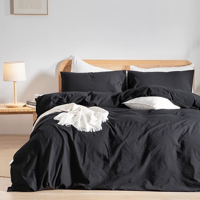 BESTOUCH Duvet Cover Set 100% Washed Cotton Linen Feel Super Soft Comfortable Chic Lightweight 3 PCs Home Bedding Set Solid Deep Black Oversized Queen