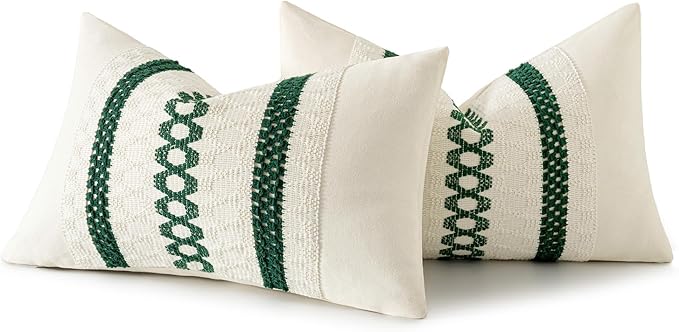 MIULEE Set of 2 Dark Green Boho Christmas Decorative Lumbar Pillow Covers 12x20 Inch Farmhouse Rustic Couch Throw Pillows Modern Cotton Cushion Cover Retro Macrame Woven Home Decor for Bed Sofa Chair