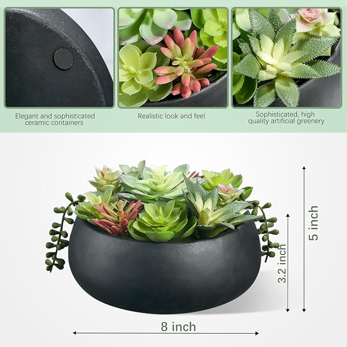Artificial Succulent Plants Fake Potted Indoor with Ceramic Pot - Home Office, Bedroom, Bathroom Decor - Low Maintenance Desk Plants for Coffee Table & Room Aesthetics（Black）