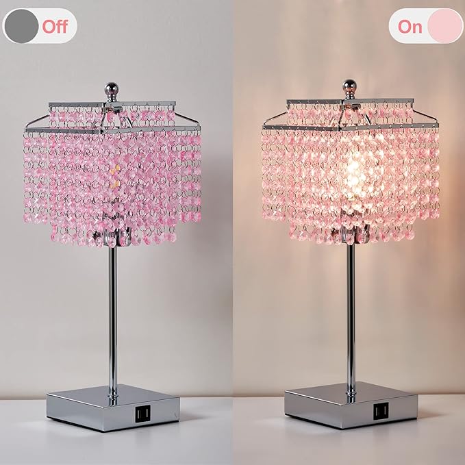 Luvkczc Set of 2 Bedside Pink Crystal Table Lamp, Touch Control Crystal Lamp, 3-Way Dimmable Lamp for Bedroom, Girl Living Room, 6W B11 Bulb Included