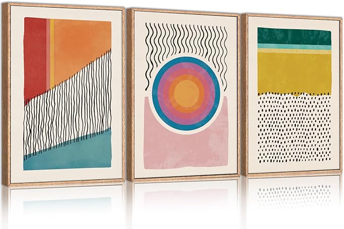 HPINUB Boho Framed Canvas Prints Wall Art Set, Mid-Century Abstract Color Block Shape Wall Decor, Geometric Illustrations Art Photos for Living Room, Bedroom, Dining Room, Office, Bathroom-24 x36 x3