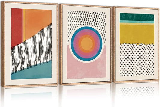 HPINUB Boho Framed Canvas Prints Wall Art Set, Mid-Century Abstract Color Block Shape Wall Decor, Geometric Illustrations Art Photos for Living Room, Bedroom, Dining Room, Office, Bathroom-24 x36 x3