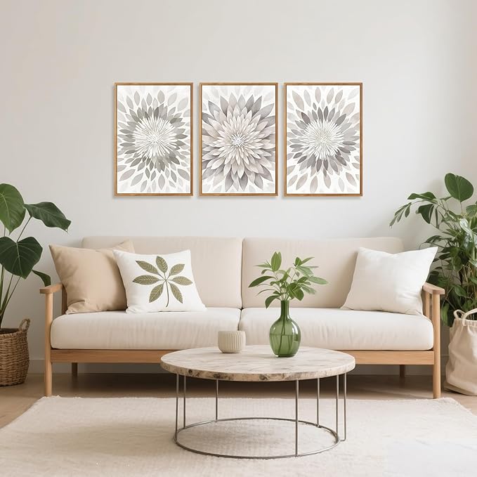 CHDITB Modern Floral Burst Framed Canvas Wall Art Set, Nature Flower Petal Wall Decor, Neutral Beige and Gray Botanical Painting, Contemporary Art Prints for Living Room Bedroom Office-16 x24 x3