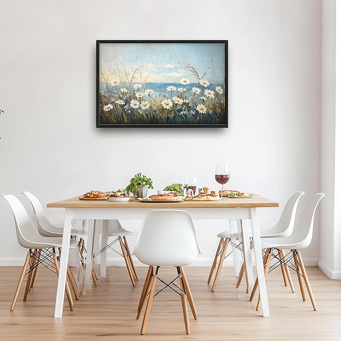 Flintis Large Ocean Daisy Framed Wall Art Beach Daisy Flower Pictures Wall Decor Abstract Natural Landscape Canvas Painting Print Artworks Framed for Living Room Bathroom Master Bedroom 36L X 24W