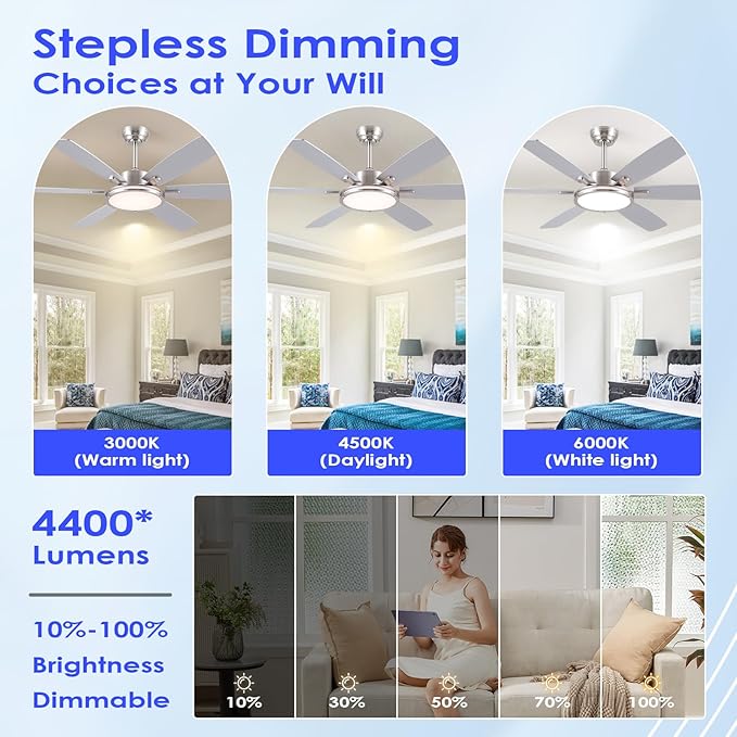 Ceiling Fans with Lights and Remote/APP Control, 52 Inch Flush Mount Ceiling Fan,11in 30W LED Ceiling Light, 3CCT, Quiet DC Motor Ceiling Fans for bedroom,Kitchen Brushed Nickel