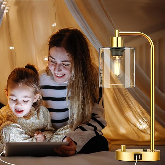 Set of 2 Industrial Table Lamps with USB Port, Gold Fully Stepless Dimmable Bedside Lamps for bedrooms, Nightstand Desk Lamp with Clear Glass Shade for Reading Living Room Office 2 LED Bulb