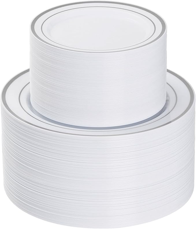 Goodluck 200PCS Silver Plastic Plates, Heavy Duty Disposable Gold Plates with 100 10.25 inch Dinner Plates and 100 7.5 inch Dessert Plates, Disposable Plates for Party, Holiday, Wedding, Christmas