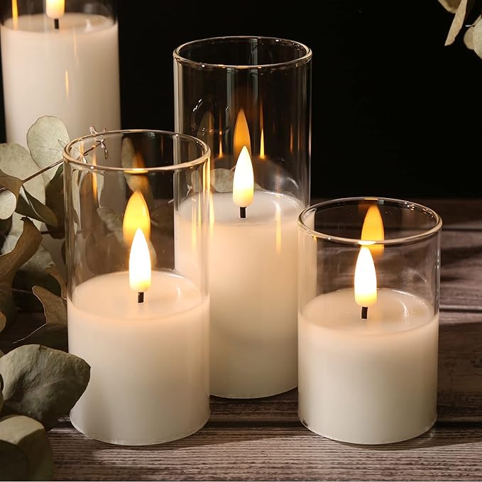 Eywamage Clear Glass Flameless Candles with Remote Batteries, Slim Tall LED Pillar Votive Candles Battery Powered, Set of 5