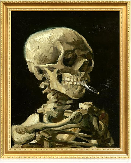 DECORARTS - Vincent van Gogh's Skull with Burning Cigarette, Museum-Quality Giclee Canvas Print in Gold Solid Wood Frame, 34.75 x 28.75 in, Ready to Hang, Made in USA