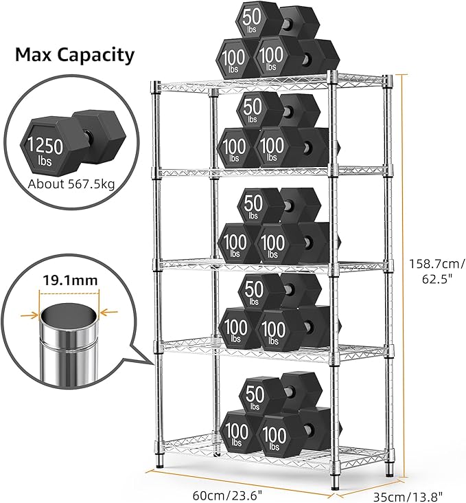 1250 lbs Steel Heavy Duty 5-Tier Utility Shelving Unit Steel Organizer Wire Rack for Home,Kitchen,Office,Chrome (13.7" D x 23.6" W x 62.4" H)