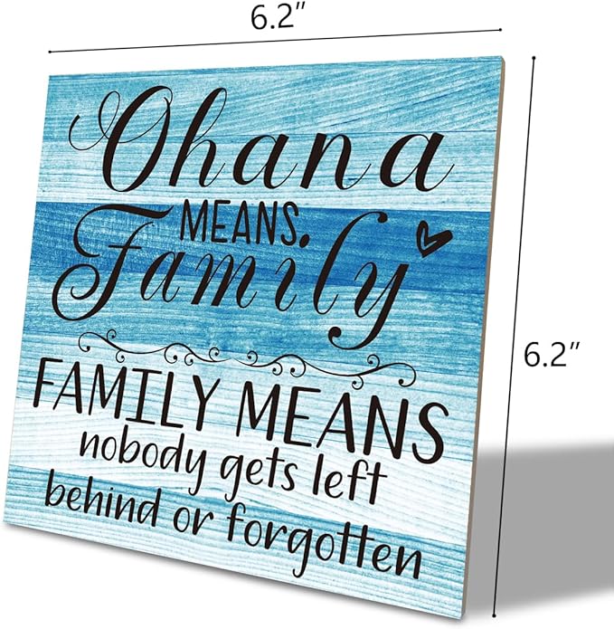 Family Wooden Plaque, “Family Means Nobody Gets Left Behind or Forgotten”, 6.2x6.2 Inch Table Art Sign, Farmhouse Quote Decor for Living Room or Home Tabletop B