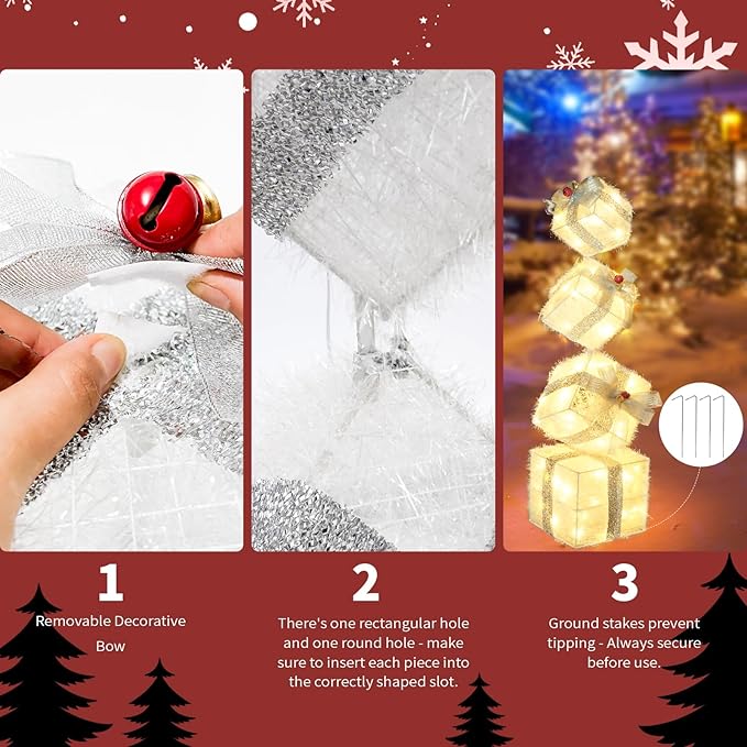 Christmas Lighted Gift Boxes Decorations Set of 4, 2.8Ft Stackable Christmas Nesting Boxes Battery Operated for Home and Party Decoration (8"-6"-5"-4", Silver Bow)