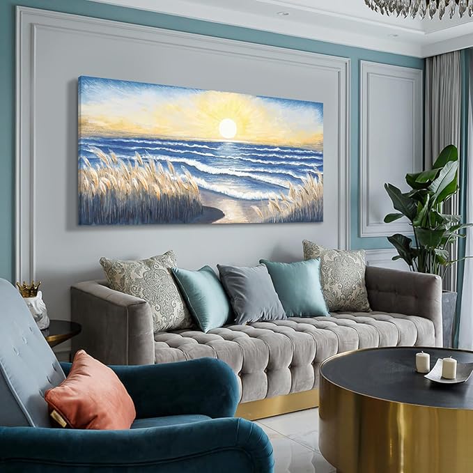 Large Canvas Wall Art for Living Room Blue Ocean Beach Sunset Sea Waves Nature Landscape Seascape Painting Seaside Reeds Pictures Seashore Coastal Serene Artwork for Home Lake Bedroom Office 60x30inch
